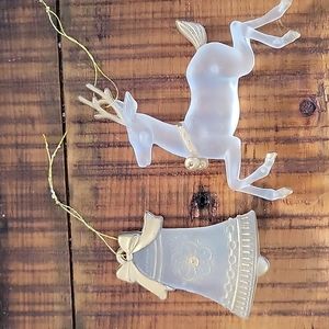 Vintage glass Christmas ornaments Reindeer and Bell w gold string to hang Xmas
